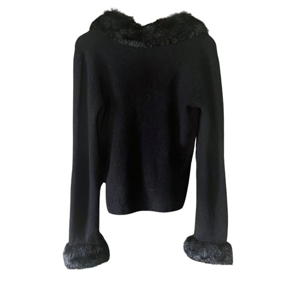 90s Y2K Black Wool Blend Sweater — Faux Fur Collar & Cuffs M L XL - Picture 6 of 8